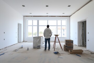 Constractor in an empty room under construction, home renovation services concept