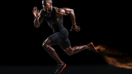 A strong athletic, man sprinter, running on black background wearing in the sportswear, fitness and sport motivation concept