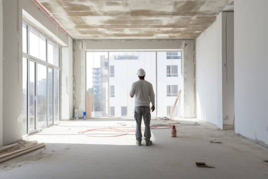 Constractor in an empty room under construction, home renovation services concept