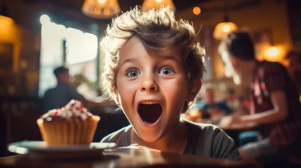 Zelfklevend Fotobehang Happy smiling boy kid eats a cupcake inside a rustic restaurant © Keitma