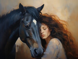 Young woman hugging a white hourse wall art poster