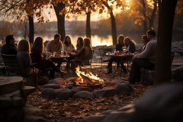 A picturesque scene of guests wrapped in blankets, gathered around an outdoor fire pit, enjoying Thanksgiving desserts and the warmth of camaraderie, Thanksgiving, Thanksgiving din - obrazy, fototapety, plakaty