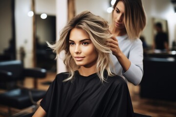 Blond woman at beauty salon getting haircut - obrazy, fototapety, plakaty