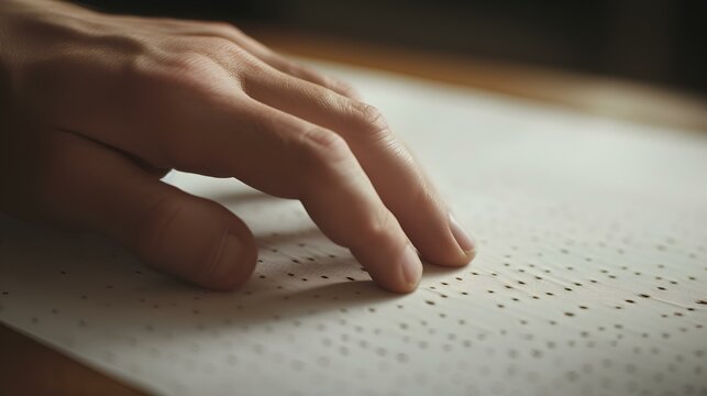 The hand passes over the paper with braille, a relief-dot tactile font, a concept for reading blind and visually impaired people.