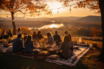 Fototapeta premium A scenic view of an outdoor Thanksgiving picnic, with guests seated on blankets and cushions, savoring a harvest-inspired meal surrounded by autumn leaves, Thanksgiving, Thanksgivi