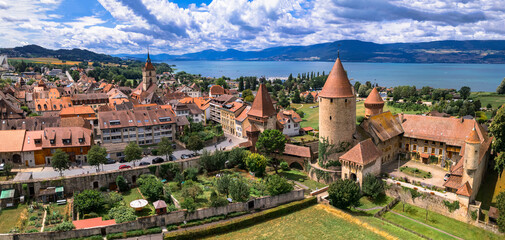 Switzerland scenic places. Estavayer-le-lac - charming traditional village, lake Neuchatel. aerial drone video of medieval castle. Canton Fribourg. - 649306834