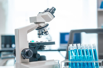 Medical Research Lab Interior with Microscope, close up shot modern medical research laboratory,...
