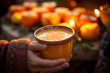 Close-up of a steaming cup of hot apple cider, held by a guest at an outdoor Thanksgiving gathering, capturing the essence of warmth and comfort, Thanksgiving, Thanksgiving dinner