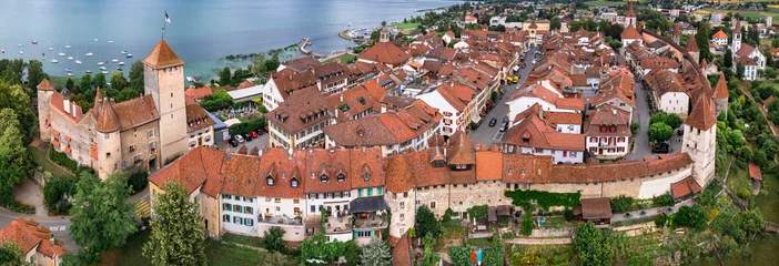 Foto op Canvas Switzerland travel and landmraks. Charming medieval town Murten (Morat) in scenic lake. aerial drone panoramic view. Idyllic places of Switzerland. canton Fribourg © Freesurf