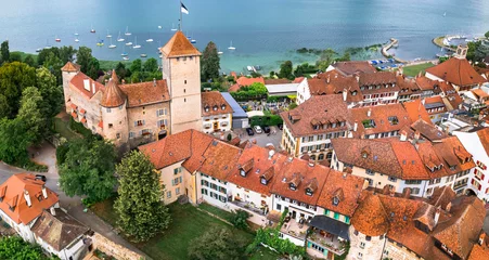 Foto op Canvas Switzerland. Charming medieval town Murten (Morat) in scenic lake. aerial drone view. Idyllic swiss towns. canton Fribourg. © Freesurf