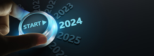 happy new year 2024,Finger about to twist the start button 2024 with the text 2023,2024,2025 and start on twist button.Concept of planning,start,career path,business strategy,opportunity and change
 - obrazy, fototapety, plakaty