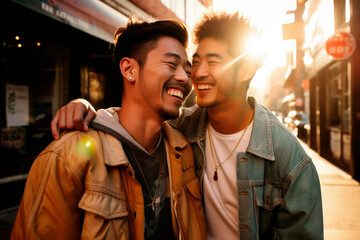 Obraz premium Couple of gay young Asian men looking at each other smiling in love. In love. Symbiosis. Complicity