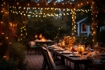 Fototapeta na wymiar A charming image of an outdoor Thanksgiving feast illuminated by hanging string lights, creating a warm and inviting atmosphere under the colorful autumn foliage, Thanksgiving, Tha