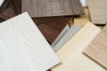 Naklejka na ściany i meble Close up of oak engineer flooring samples wood color guide