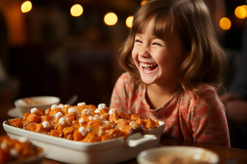 The delight on a child's face as they savor a forkful of sweet potato casserole topped with toasted marshmallows during Thanksgiving dinner, Thanksgiving, Thanksgiving dinner - obrazy, fototapety, plakaty