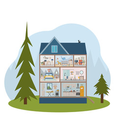 Doll house in the forest. Division of the house. Detailed interiors with furniture and decor. Set of rooms with furniture. Section with a bedroom, living room, kitchen, dining room, bathroom.
