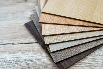 oak wood veneer flooring samples cloe up, furniture material - obrazy, fototapety, plakaty