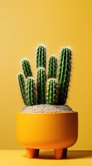 single cactus on pot with yellow background can be use for wallpaper, stories or story