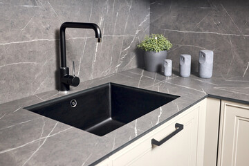 Single handle water kitchen 2 in 1 faucet built in compact high pressure laminate HPL countertop. Kitchen undermount installation granite composite sink.