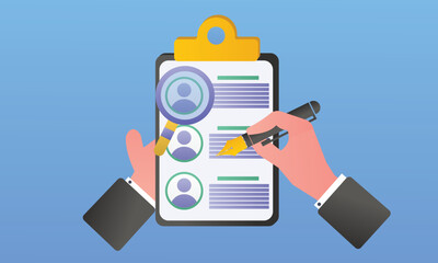 Human resources management concept, searching professional staff, work, hand with magnifying glass analyzing resume, documents papers.on blue background.Vector Design Illustration.