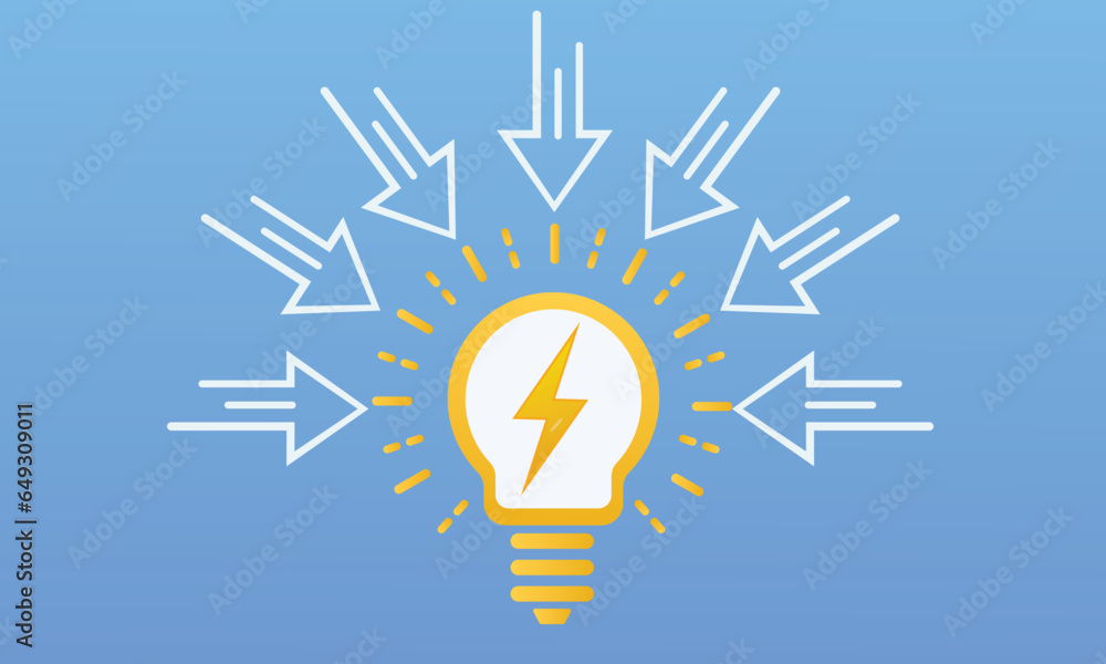 Aufkleber a circle of arrows pointing towards a bulb referring to main idea icon.on blue background.vector des