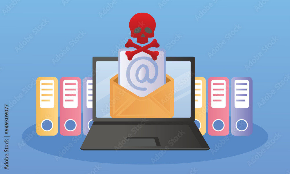 Poster email with malware concept and laptop open mail envelope and malware or skull and bone virus enter t