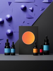 Mockup of cosmetic product with decorations and blank label 3D style isolated on background