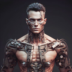 Man face robot in realistic style. Abstract modern digital portrait. Information technology. Digital cyberspace. Future futuristic technology.