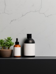 Mockup of cosmetic product with decorations and blank label 3D style isolated on background