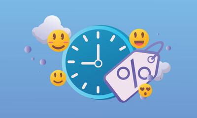 Special discount offer icon. Flash sale reminder. Special big sale offer. Alarm clock with a percent tag.on blue background.Vector Design Illustration.