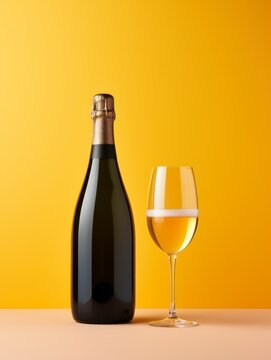 3d render image illustration champagne bottle mock up with glass isolated on colorful background