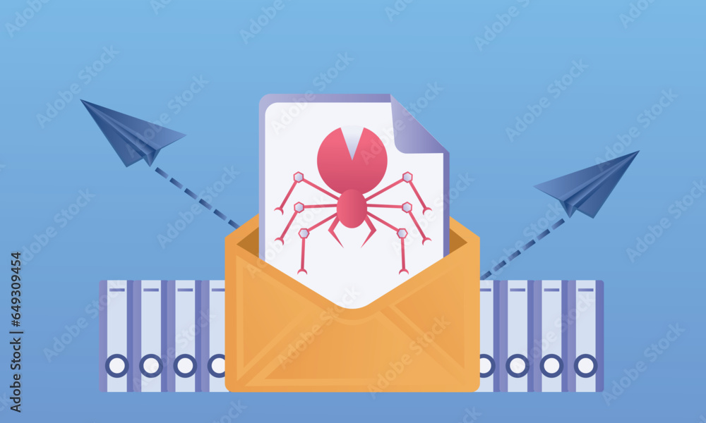 Poster infected email icon. opened mail and virus malware bug inside.on blue background.vector design illus