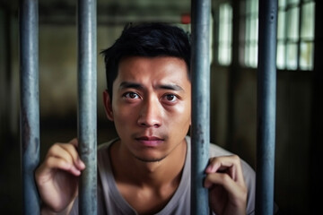 Obraz premium An Asian prisoner in a cell behind bars. Young man in prison. Despair, sadness and loneliness of the person who committed the crime.