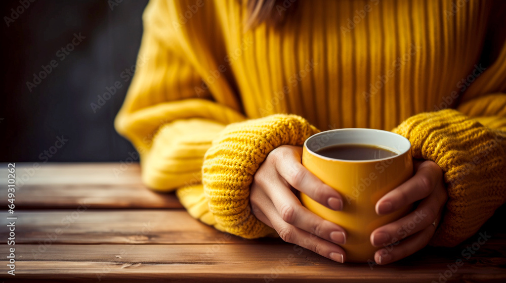 Wall mural woman in a knitted yellow sweater with a cup of coffee close-up. generative ai