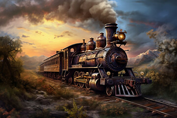 Naklejka premium A train traveling down train tracks next to a lush green field. Smoke from the chimney of a retro train.