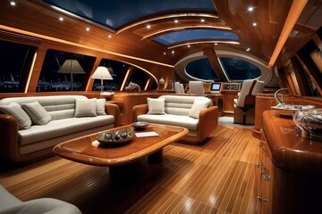 Sleek yacht interior adorned with elegant wood furniture and lighting. Generative AI - obrazy, fototapety, plakaty