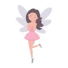 Little fragile fairy, girl with wings, Vector simple children's illustration in flat style.Cute fairy tale character.