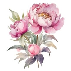 watercolor painted pink peony flower with leaves and butones composicion for floral design on white background