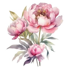 Obraz premium watercolor painted pink peony flower with leaves and butones composicion for floral design on white background