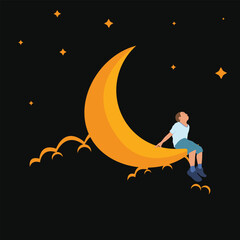 Obraz na płótnie Canvas Night Dreams: Boy on the Moon