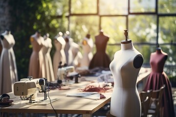 fashion designer Small business workshop with sewing equipment, fabric, and mannequins.