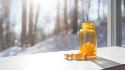 Vitamin D capsules tablets on the windowsill near a snowy winter window. Omega 3 fish oil capsules and a glass bottle. Winter lack of sunshine - obrazy, fototapety, plakaty