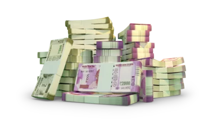 Fotobehang many stacks of Indian rupee notes. A lot of money isolated on transparent background. 3d rendering of bundles of cash © RODWORKS
