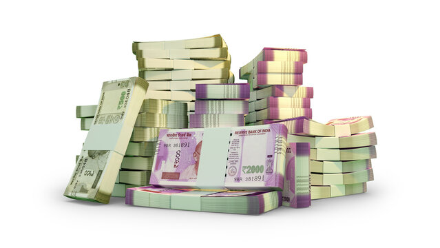 many stacks of Indian rupee notes. A lot of money isolated on transparent background. 3d rendering of bundles of cash