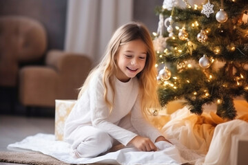 Photo of a happy little girl next to a beautifully decorated Christmas tree