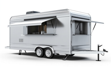 A silver food trailer with a detailed interior, isolated on a white background. Rendered in 3D.