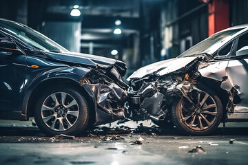 Car accident of two cars, collision of cars. Two cars are damaged after a head-on collision, a car accident. Car accident on the street, damaged cars after collision. Violation of traffic rules. - obrazy, fototapety, plakaty