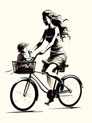 Woman Riding A Bicycle With A Child In A Basket