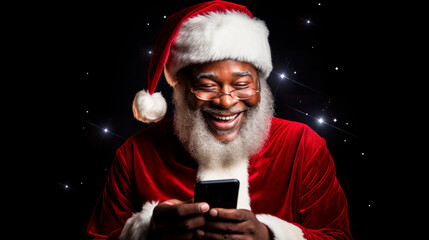 smiling black santa clause portrait holding a smartphone
