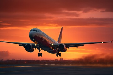 Passenger airplane taking off at dusk sky